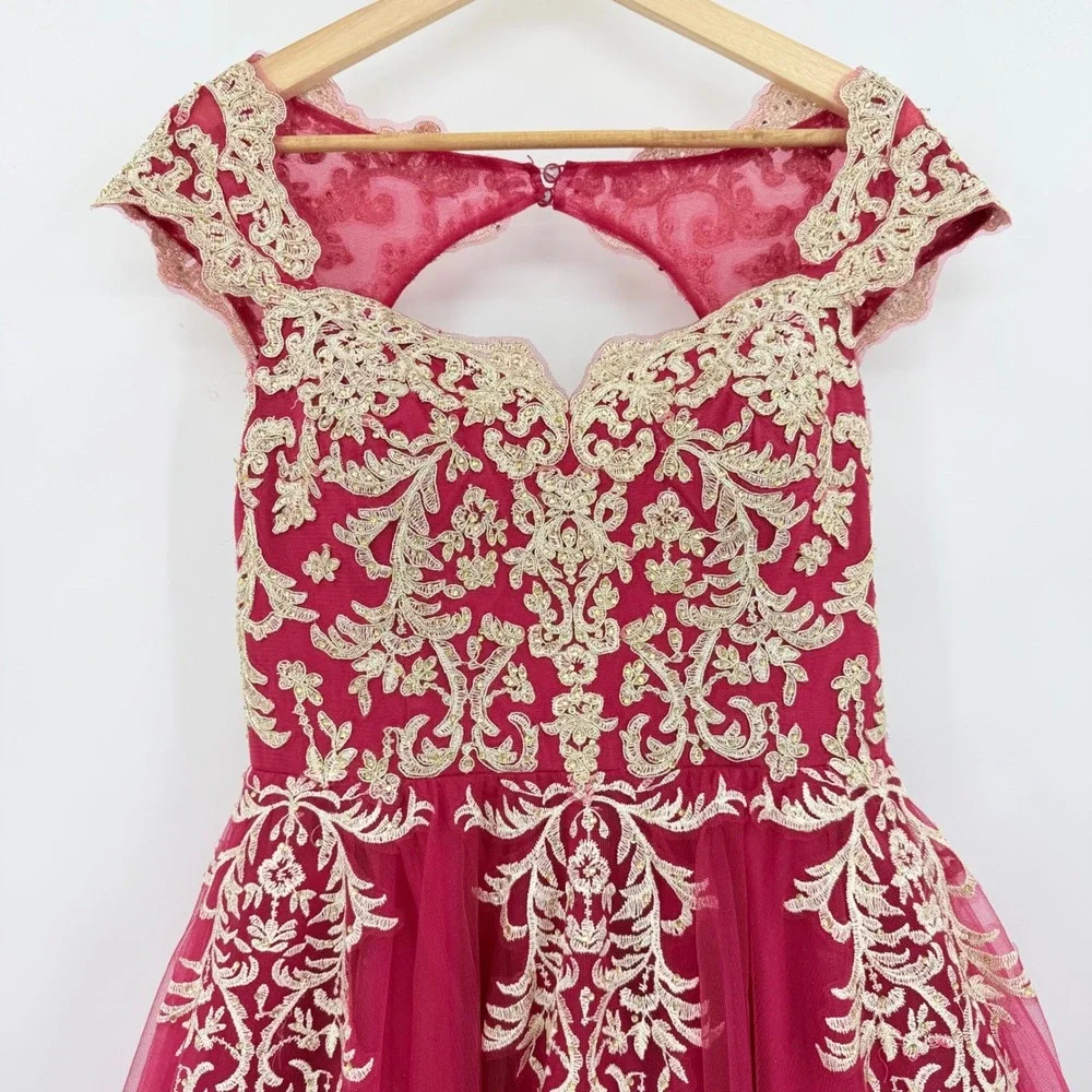 Fifteen Roses Ball Gown Womens 10 Red Gold Lace Embroidery Quinceanera Excellent